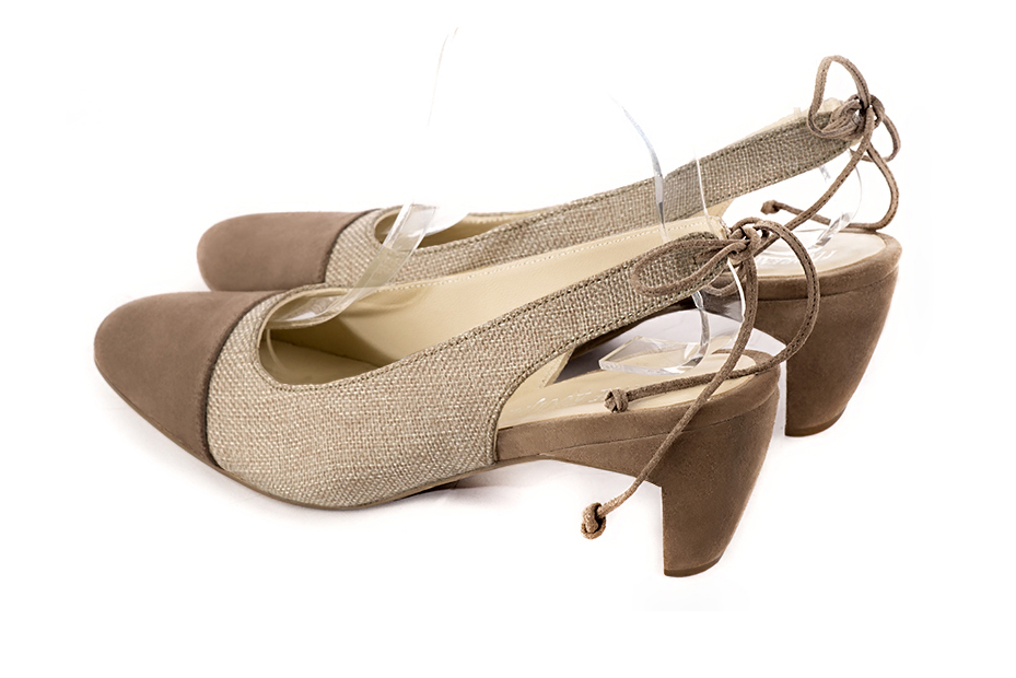 Women's chocolate brown and natural beige elegant slingback heels. Round toe. Medium comma heels - Rear view